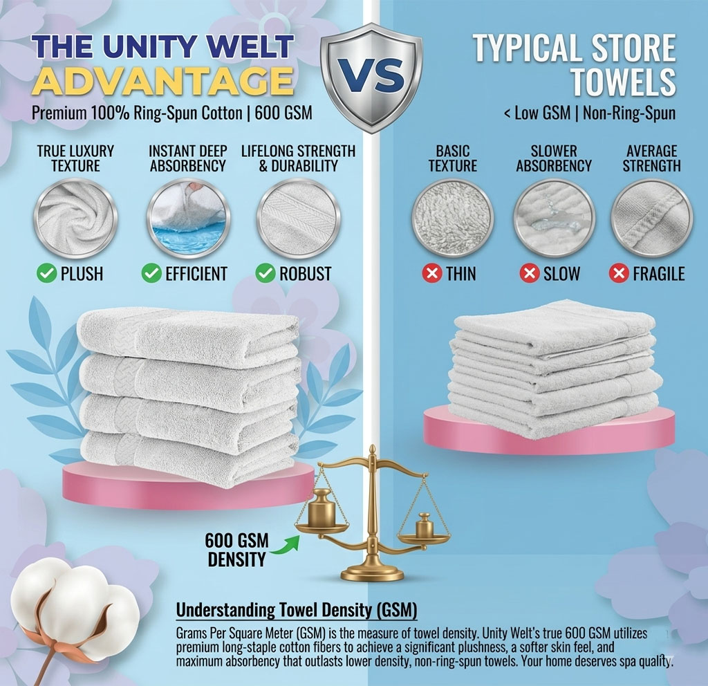Unity Welt 600 GSM premium cotton towels compared to low density store brands showing superior thickness and absorbency chart
